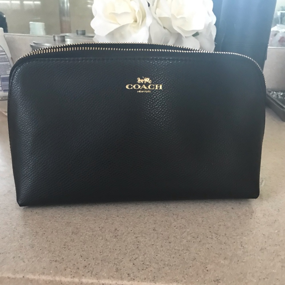 NWT Large black leather Coach makeup bag